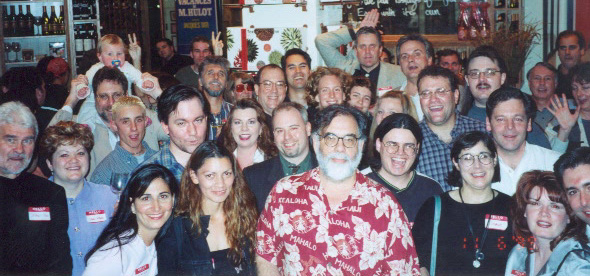 The group that gathered in San Francisco for the anniversary party of Francis Coppolas (front, center, red shirt) online writing website. See if you can spot me and my head of blonde hair on the left.